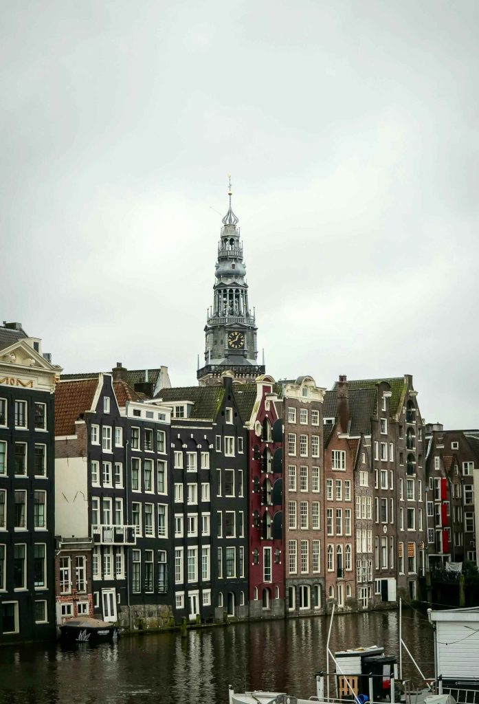 View of the Anne Frank House building along the Prinsengracht canal in the Jordaan district of Amsterdam.