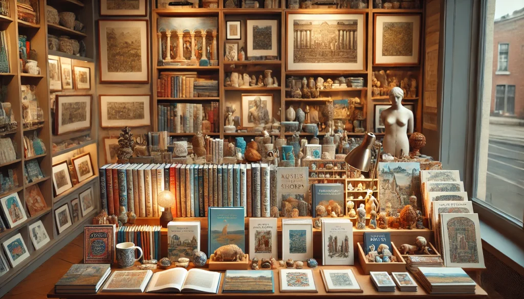 Books and keepsakes neatly arranged on display shelves in a museum shop, showcasing a variety of titles and souvenirs.