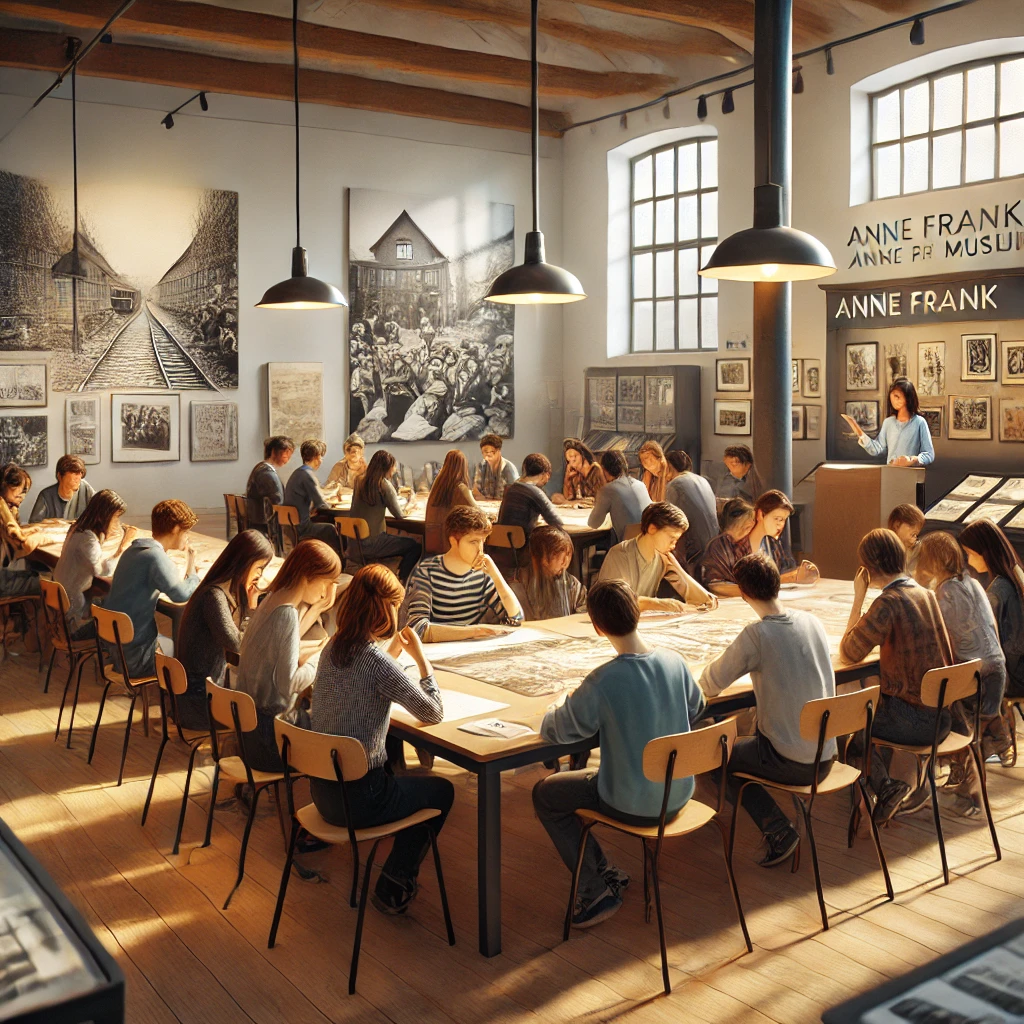 Students participating in a workshop at the Anne Frank Museum, engaging with historical materials in a bright, educational setting.